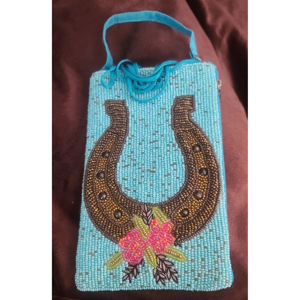 Beaded Crossbody Bag Cell Horseshoe Western Boho Bamboo Trading Company‎ 5x8 New